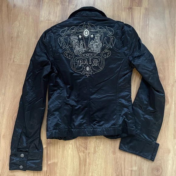 Y2k Shiny Black 'Diesel' Blazer Moto Jacket With Playing Card Embroidery - Picture 10 of 11